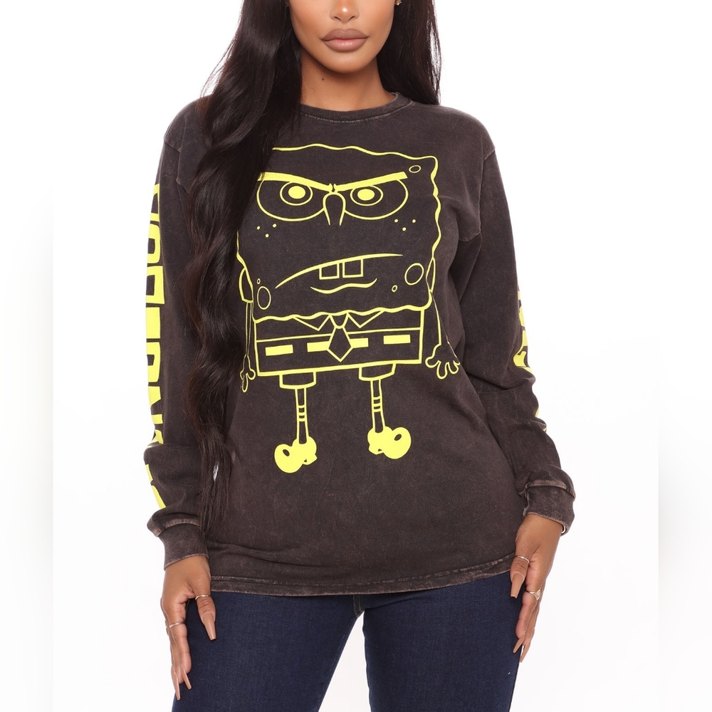 Spongebob long sleeve top med cozy washed black and yellow retro 90's